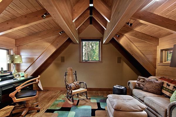 Beautiful study room in the attic, with wood furnishings