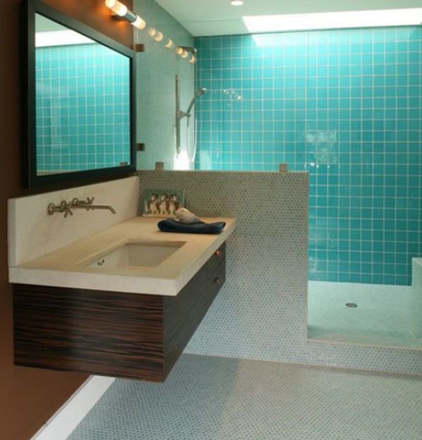 Cool blue bathroom enhanced with compact floating sink