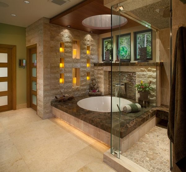 Floating bamboo ceiling for the Asian style bathroom