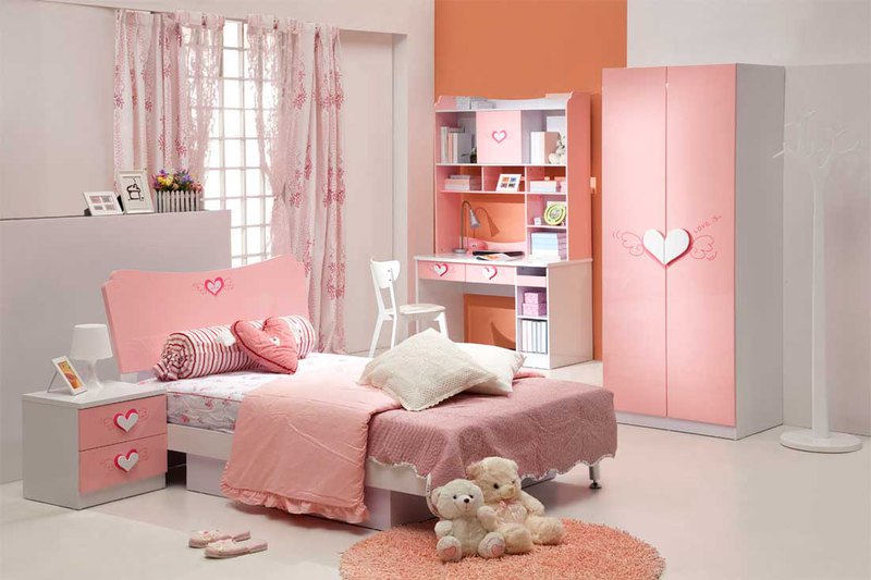 Charming Pink Wall Kids Bedroom Decorating With Small White Table Lamp Kids Furniture And Modern Kids Desk And White Chair Design Also Round Fur Rug Colorful Design Ideas