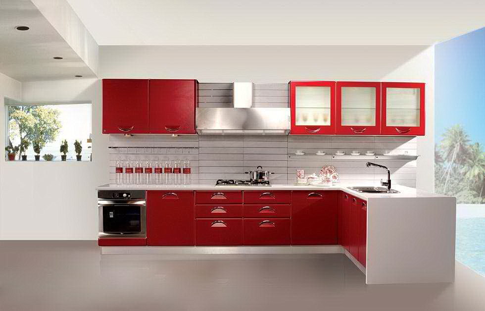 White Gloss Kitchens With Red Side