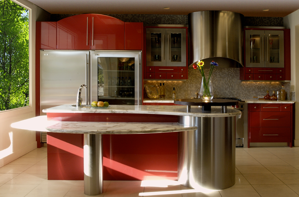 big red kitchen cabinets
