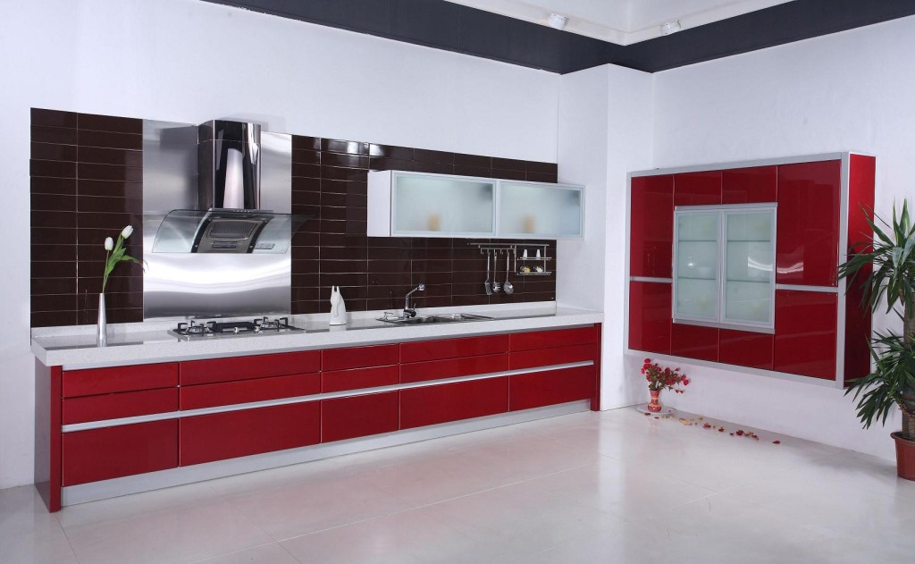 black white and red kitchen