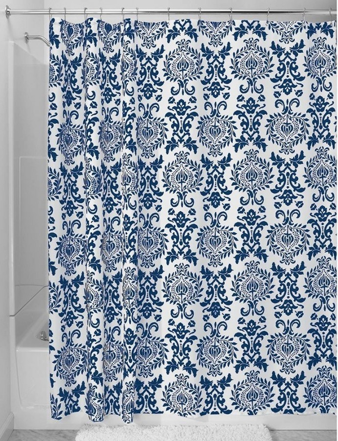 Outstanding White and Navy Blue Floral Patterned Shower Curtain