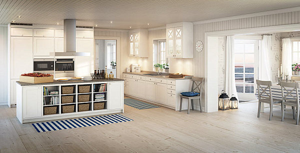 Striped rugs in a bright Scandinavian kitchen
