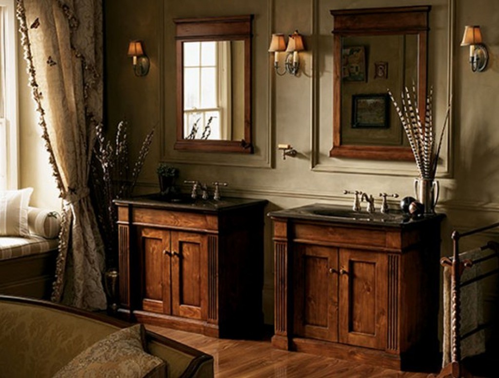 double brown wooden bathroom vanity with black top Interior Design