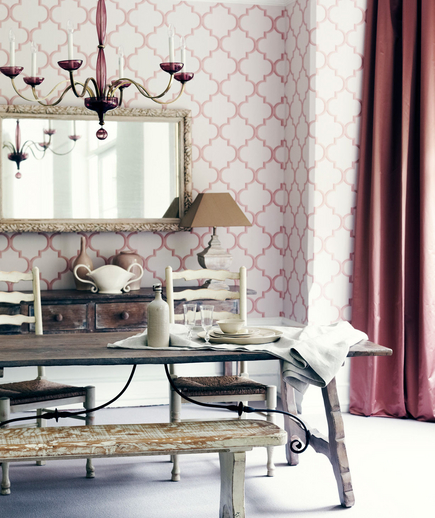 Floor to ceiling wallpaper and floor length curtains