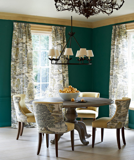 Green and toile dining room