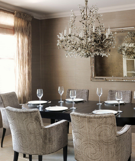 Mocha Swirl: Monochromatic dining room with swirl patterned chairs Monochromatic dining room with swirl patterned chairs