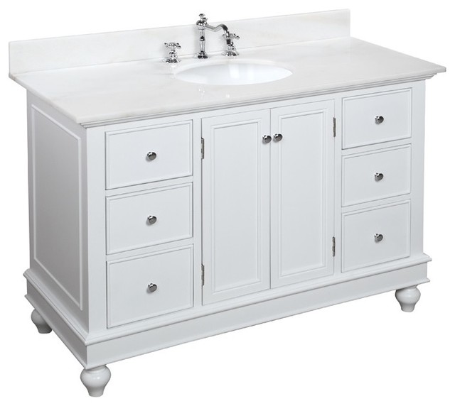 white bathroom vanity with granite top