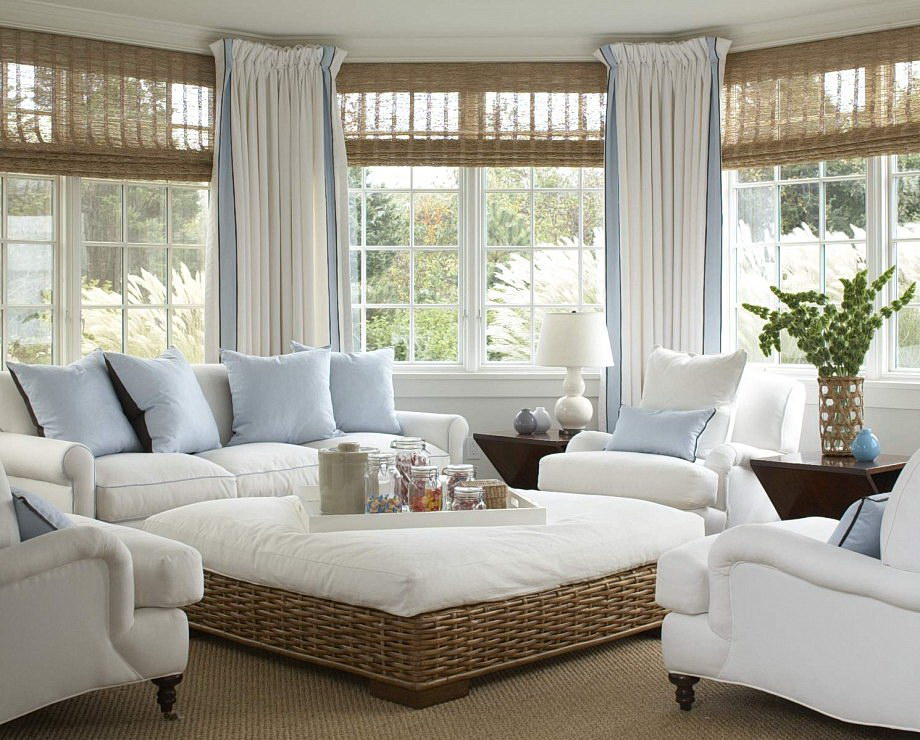 Interior Exotic Living Room Decorating With Rattan Tableand Vintage Soft White Sofas Also Soft Colored Curtain