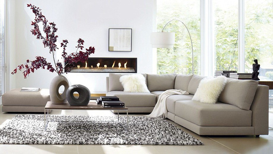 The Modern Low Down Living Room Design With White Sectional Sofas