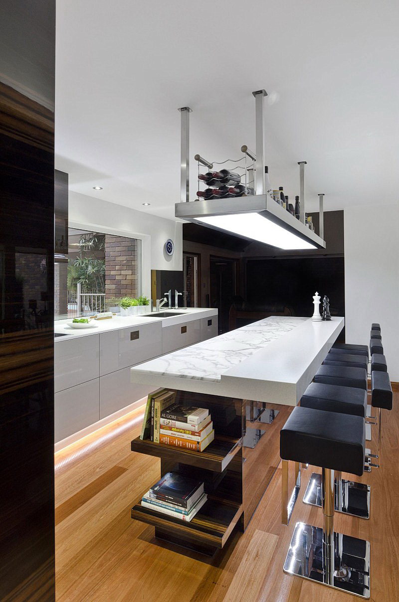 Black Bar Stools And White Wooden Kitchen Table Design With Granite Worktop
