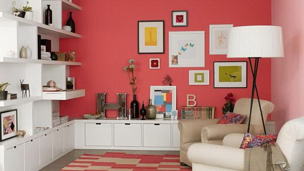 Red living room with white furniture and decoration ideas