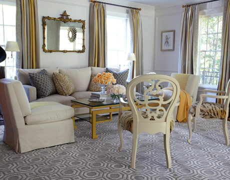 formal living room with gray silver and gold colors