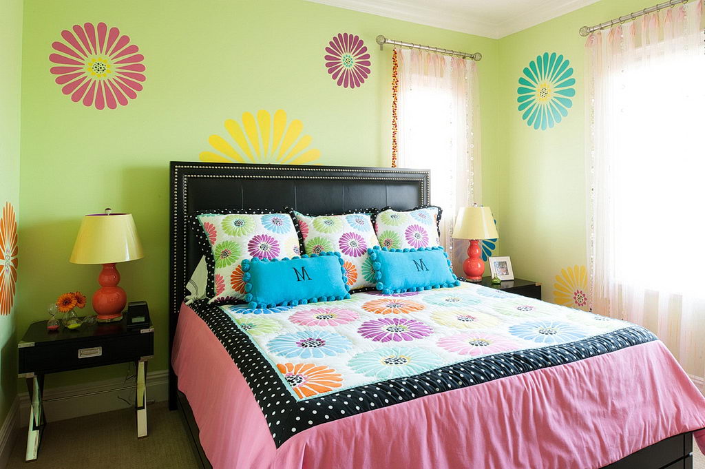 Awesome Girl Bedroom Design with Huge Bed and with Green Wall with Artistic Wall Decor