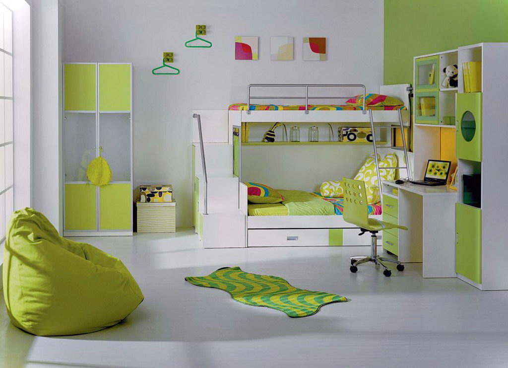 Girls Bedroom Idea for Twin Girl with Green Furniture COncept