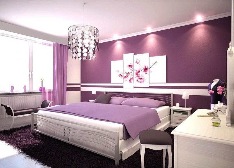 Modern Purple Girls Bedroom Idea with Beautiful White Lighting and Crystal Chandelier