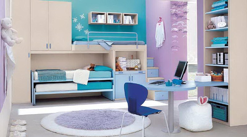 Beautiful Girls Bedroom Ideas with Blue Concept and with Round Carpet and Round Learn Table and Modern Blue Chair