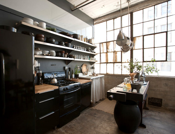 Loft kitchen with open shelving