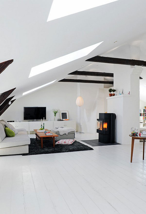 Black nd white attic room design