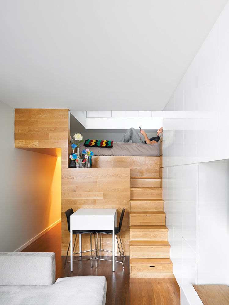 Modern Small Space Bedroom Nook With Stairs.