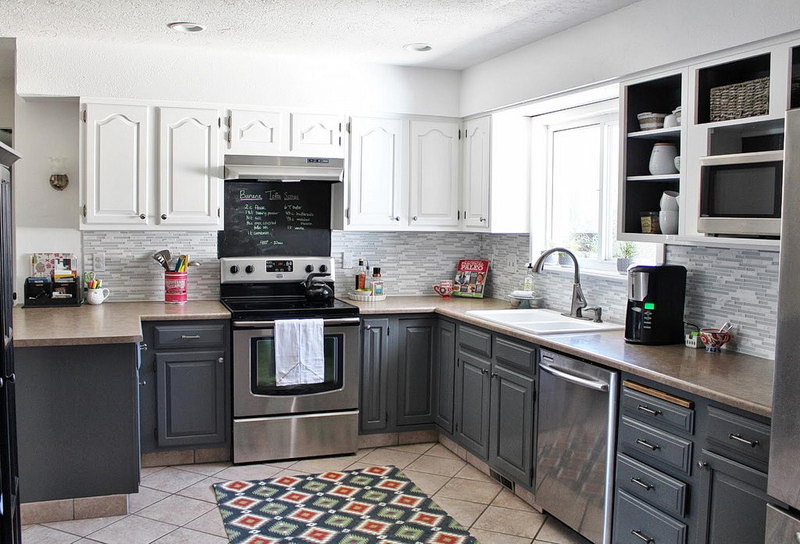 Grey Walls Kitchen With Black And White Cabinets.