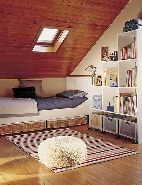 loft attic bedroom design with shelves