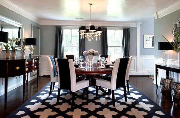 Old Hollywood Style In Dark And Elegant Dining Room With Plenty Of Bold Patterns by Mary Prince.
