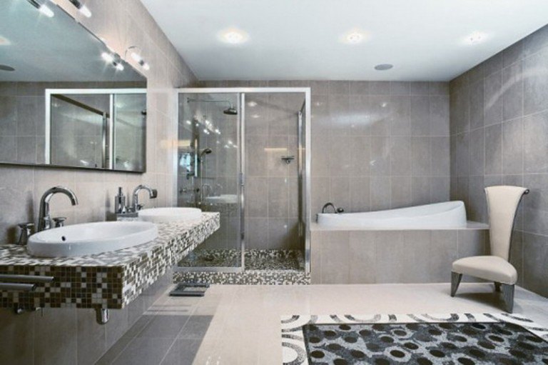 grey bathroom with mirror