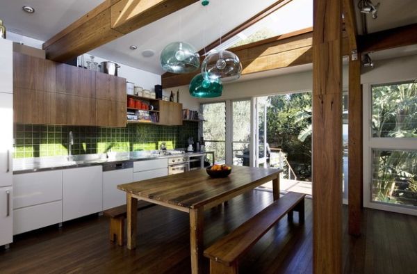 Trio of FLY pendant lights in a rustic kitchen Trio of FLY pendant lights in a rustic kitchen