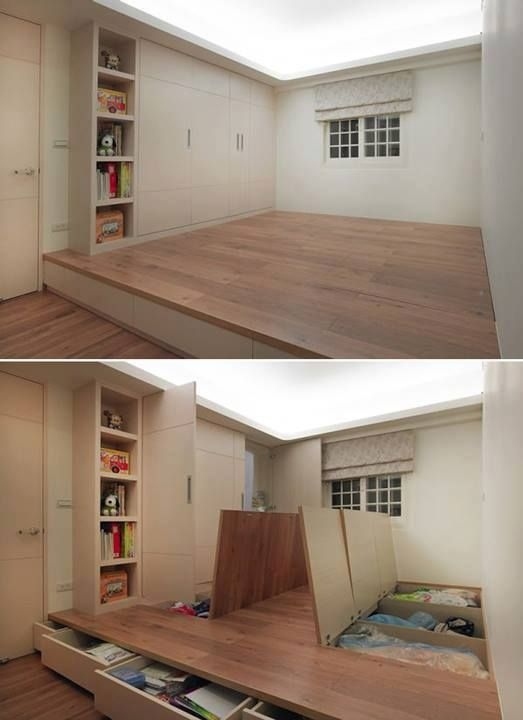 A platform in a storage/guestroom hides away all of your stuff while keeping the room usable.