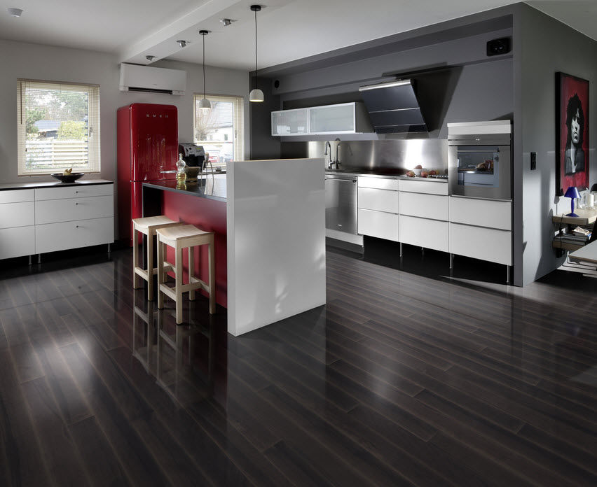 Open plan kitchen concept with black hardwood flooring