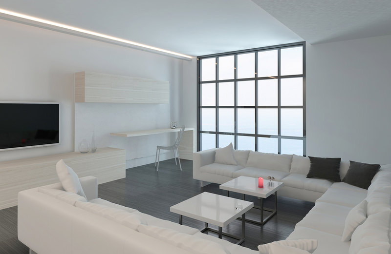 all white living room and white U-shaped sofa