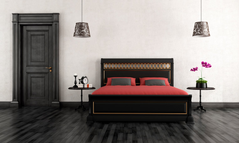 Vintage Black minimalist bedroom with black hardwood flooring