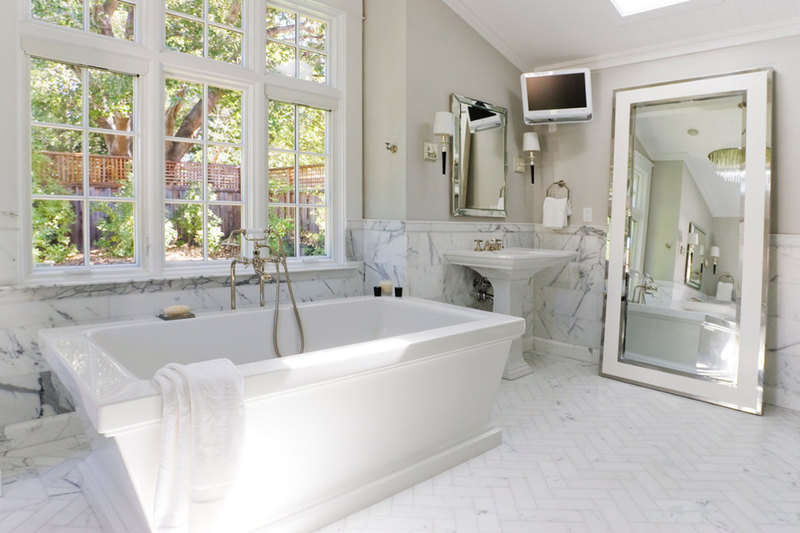 bathroom floor molding and big mirrors