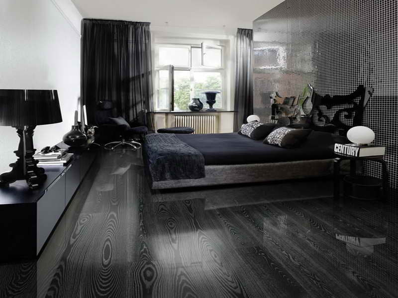 black hardwood flooring in bedroom