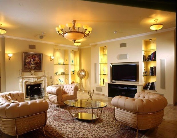 Luxury living room lighting ideas, classic chandelier, bookshelves lights