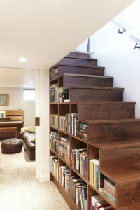 basement stairs with bookcases