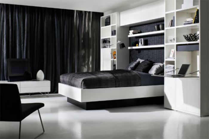 Modern black and white bedroom design white murphy bed black bedding ideas