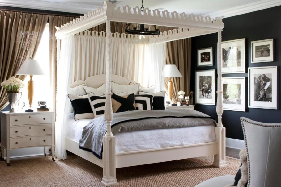 Bedroom, Unusual Wooden Canopy Bed Design Feat Portable Bedside Table Plus Chic Black And White Bedroom Wall Decorating Idea ~ Applying Black and White Bedroom Ideas