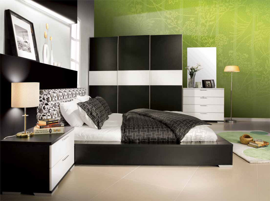 Bedroom, Captivating Green Wallpaper Feat Rectangular Area Rug Idea Plus Fabulous Black And White Bedroom Furniture Set ~ Applying Black and White Bedroom Ideas