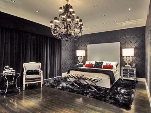 Bedroom, Luxury Bedroom With Black And White Decor Plus Oversized Chandelier Idea Feat Hardwood Floor Also Mirrored Bedside Cabinets ~ Applying Black and White Bedroom Ideas