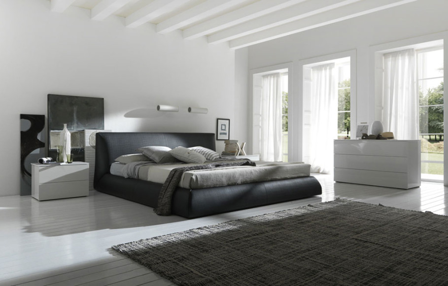 Bedroom, Contemporary Leather Upholstered Bed Design Feat Unique Large Area Rug In Black And White Bedroom Idea ~ Applying Black and White Bedroom Ideas