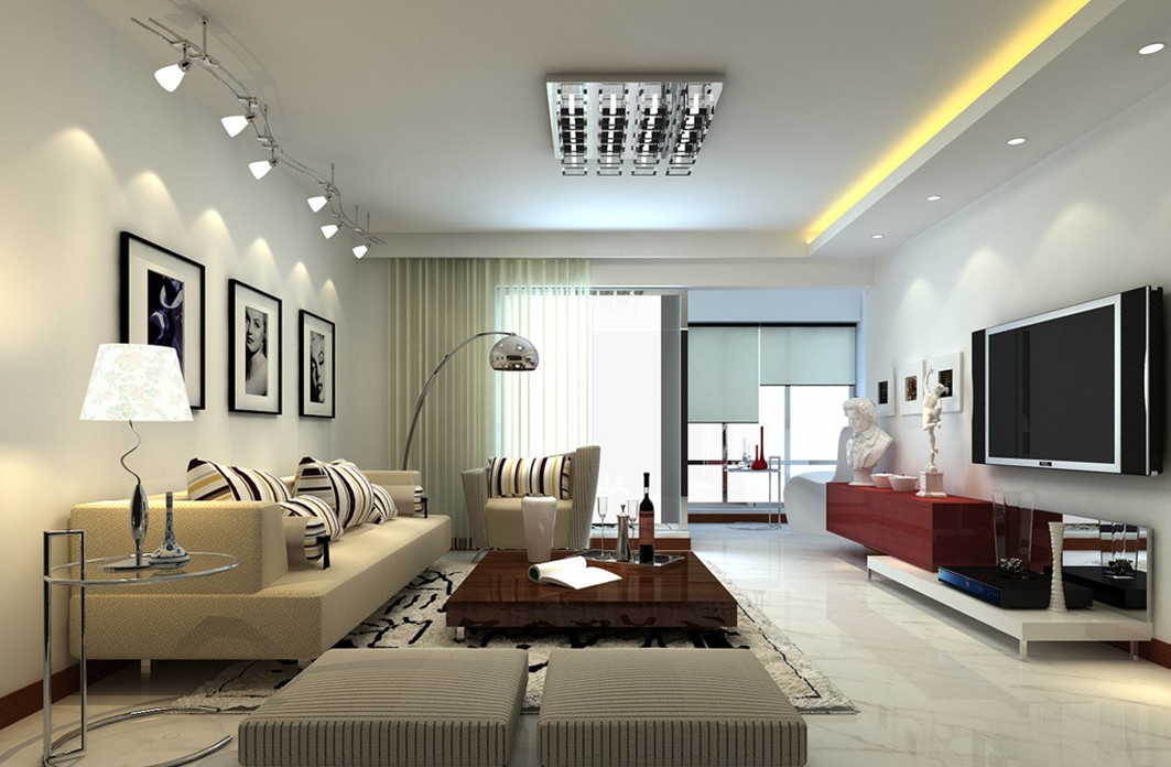 Example with wall lighs, ceiling and big window natural lighting