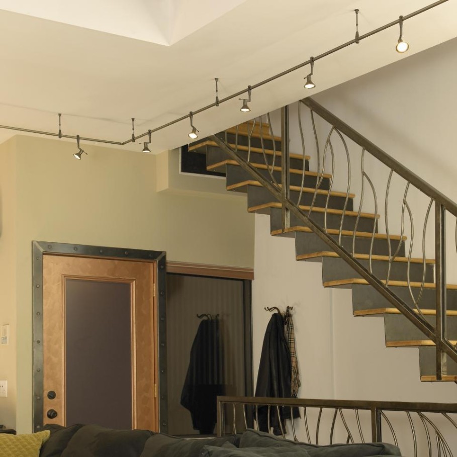 Decoration, Awesome Staircase With Wrought Iron Railing And Contemporary Track Lighting Fixtures Plus Hanging Coat Rack ~ Making Romantic Rooms with Track Lighting Fixture
