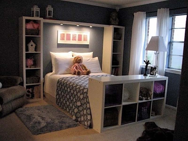 bedroom ceiling lighting ideas and Integrated shelf in headboard