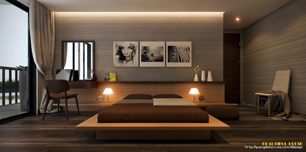 The bedroom takes a few of the same cues and keeps things simple, but here visualizer Quang Đạt has add some sultry art choices and deeper colors, giving it a bit more of an edge.