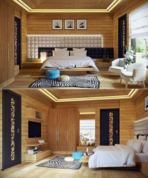 The asymmetrical headboard in this overwhelming wood paneled bedroom gives an otherwise rustic country room a deeply urban feel. A zebra striped rug adds a surprising splash of safari.