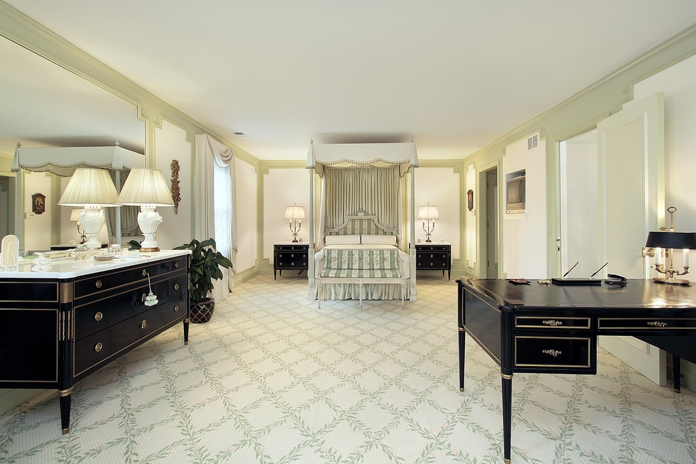 Large ornate bedroom in white, mint green and dark brown Large ornate bedroom in white, mint green and dark brown